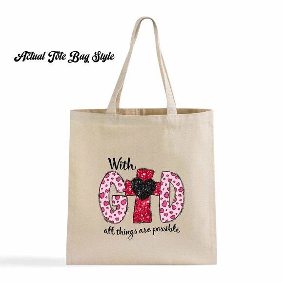 Women's Pink Red Glitter Look DTF With God All Things Are Possible Tote Bag - Picture 2 of 3